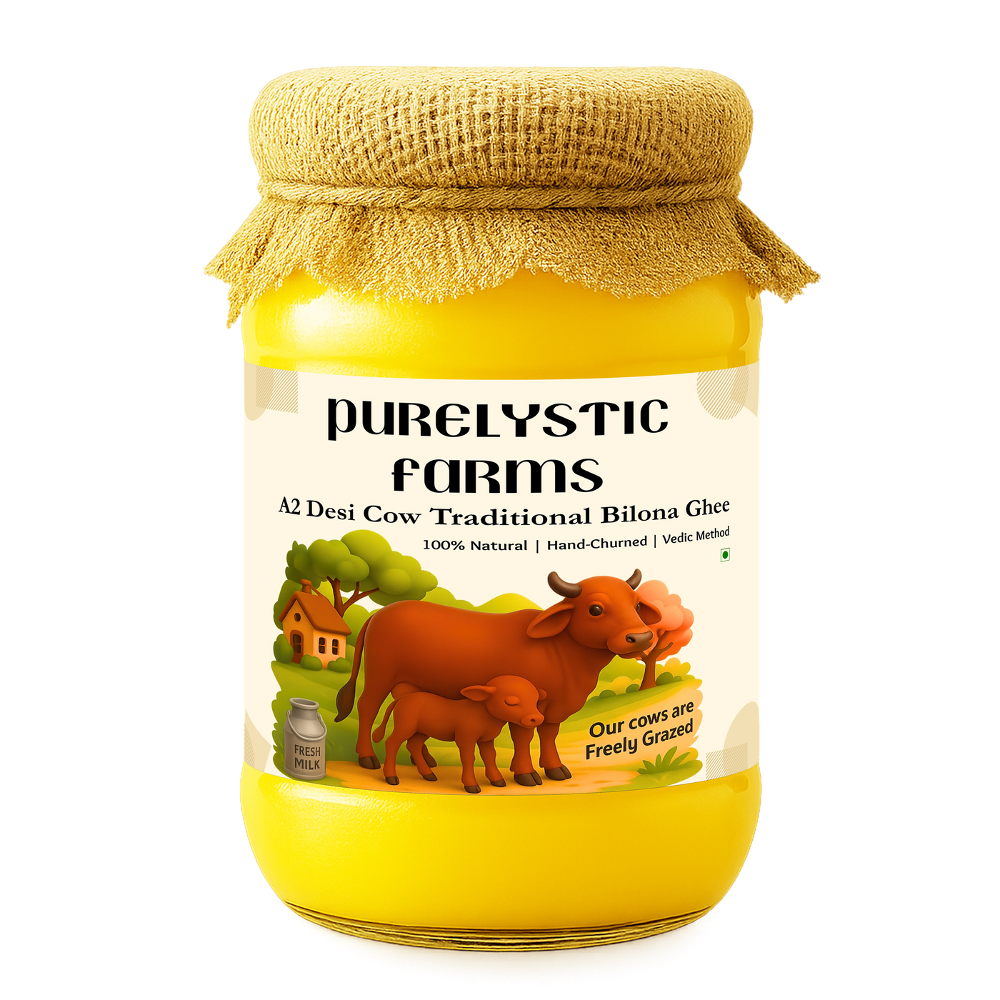 Purelystic A2 Desi Cow Ghee 1 litre jar, front label