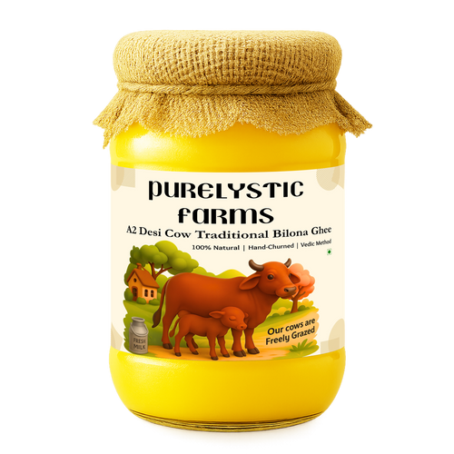 Purelystic A2 Desi Cow Ghee 1 litre jar, front label