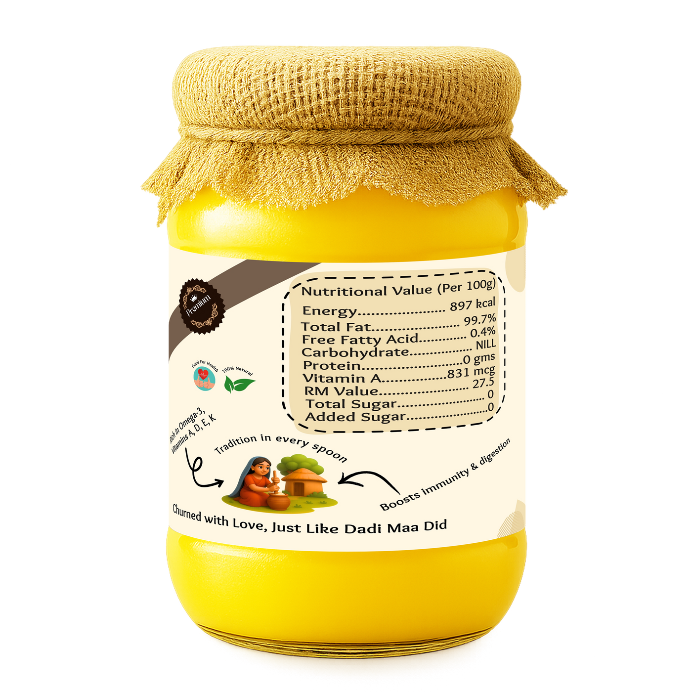 Purelystic A2 Desi Cow Ghee 1 litre jar, nutrition panel