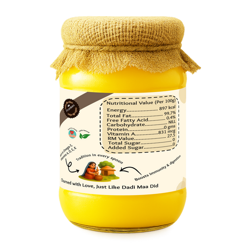 Purelystic A2 Desi Cow Ghee 1 litre jar, nutrition panel