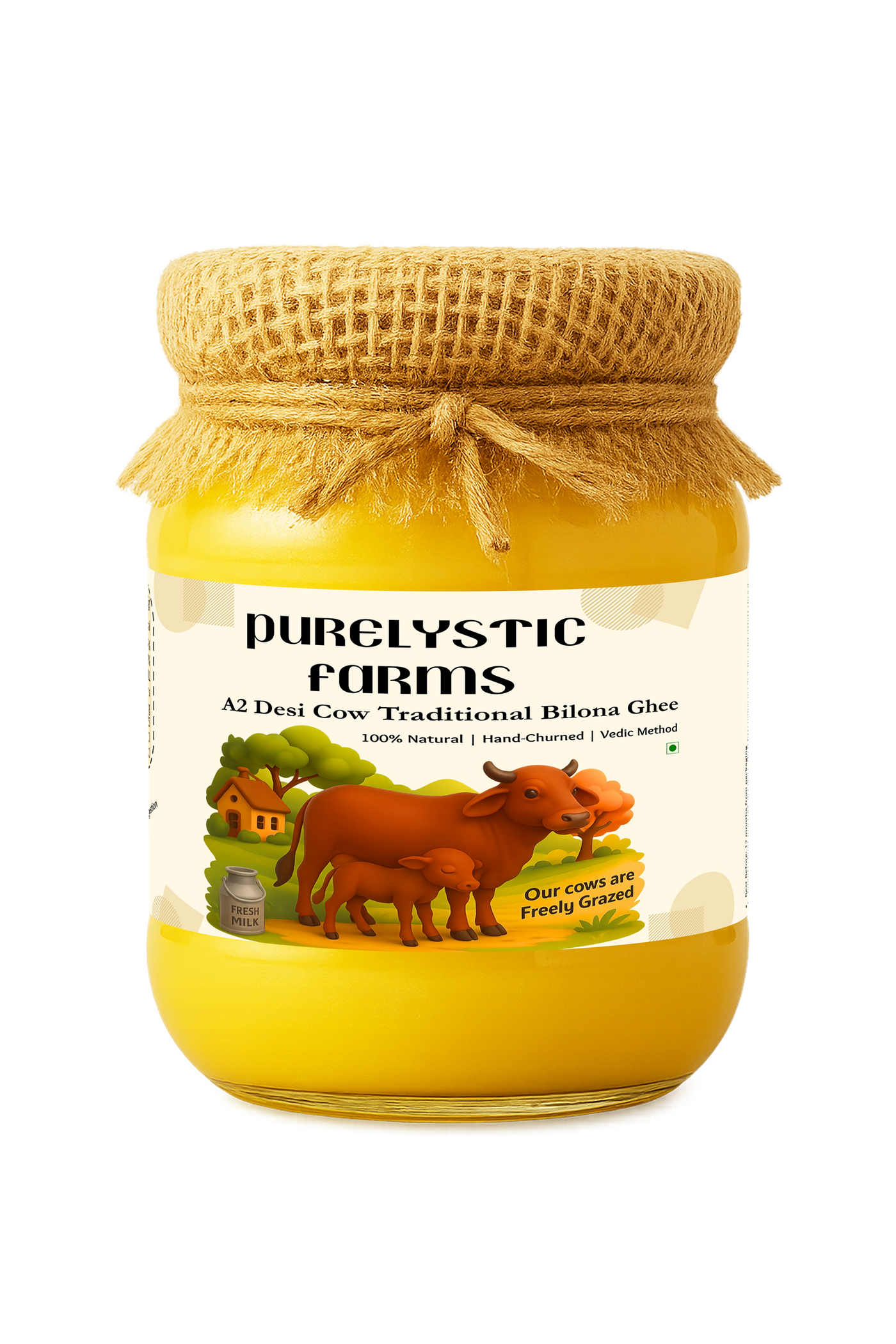 Purelystic A2 Desi Cow Ghee 500 ml jar, front label