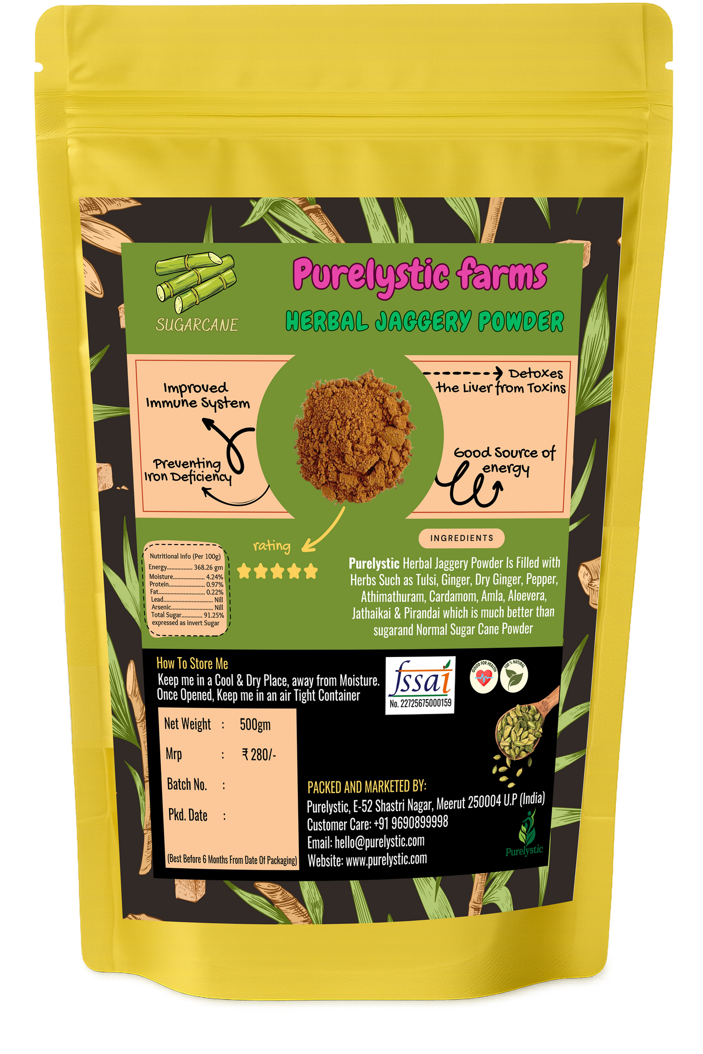 Purelystic Herbal Jaggery Powder pouch, back label with ingredients and nutrition