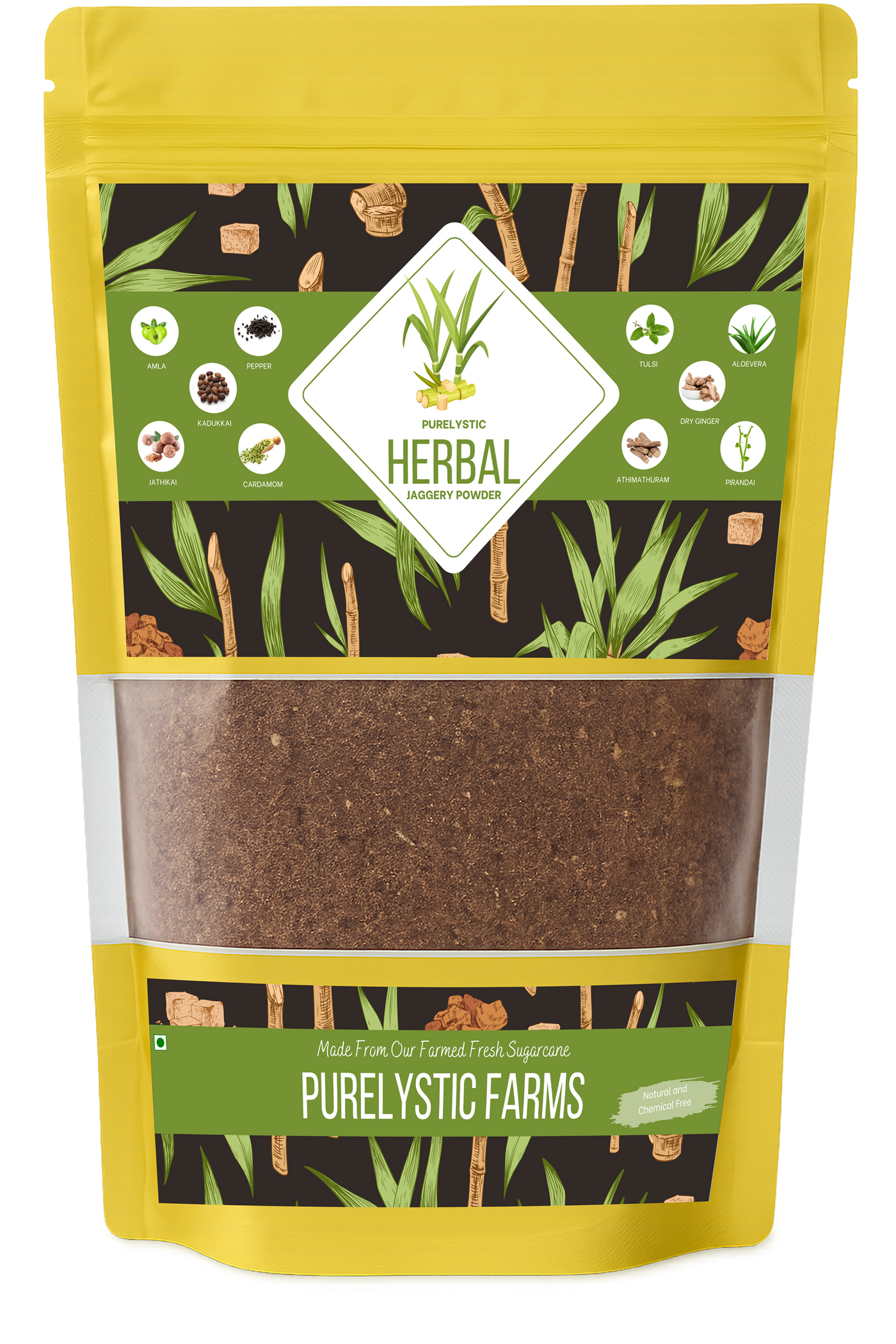 Purelystic Herbal Jaggery Powder pouch, front