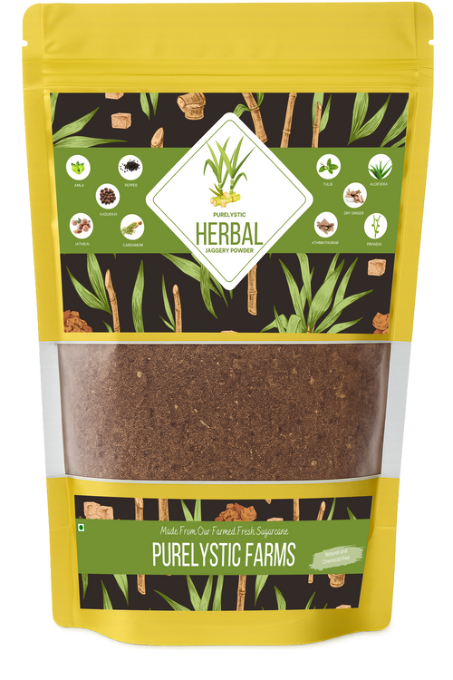 Purelystic Herbal Jaggery Powder pouch, front