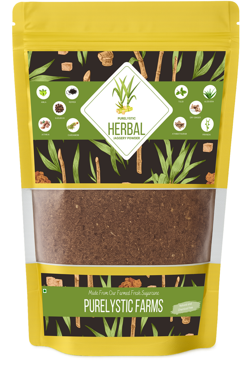Purelystic Herbal Jaggery Powder pouch, front