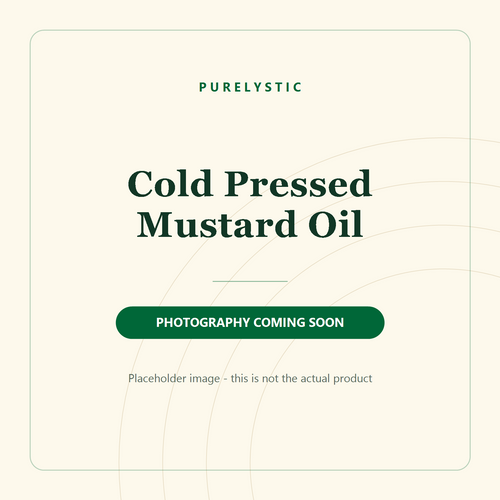 Placeholder graphic for Purelystic Cold Pressed Mustard Oil, marked photography coming soon. Not the actual product.