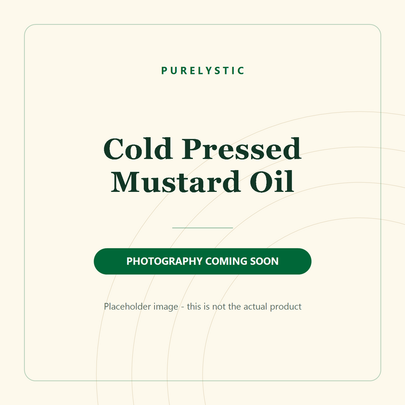 Placeholder graphic for Purelystic Cold Pressed Mustard Oil, marked photography coming soon. Not the actual product.